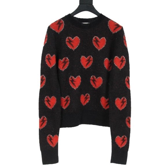 Saint Laurent Sweaters - Saint Laurent Womens Heart Sweater Size Small Black Red Mohair Blend Pullover